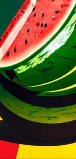 Surreal watermelon on vibrant red and yellow background wallpaper.