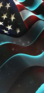 Abstract American flag wallpaper with wavy design, stars, and vibrant colors.