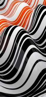 Abstract wavy striped wallpaper in black, white, and orange.