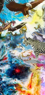 Fantasy art wallpaper with eagle, dragon, and leopard in vibrant colors.