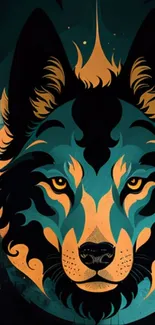 Abstract wolf art with teal and orange colors.