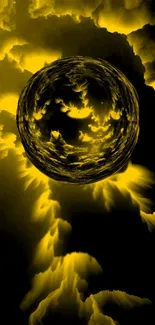 Abstract yellow orb with dynamic textures on a black background.