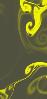 Mobile wallpaper with yellow abstract swirls on dark background.