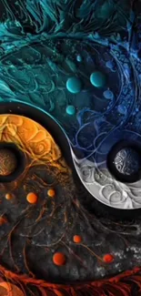 Abstract Yin Yang with cosmic design and vibrant colors.