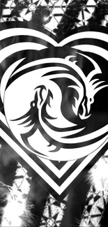 Black and white abstract yin yang heart design mobile wallpaper.