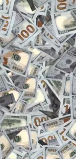 A dynamic wallpaper of US dollar bills scattered across the screen.
