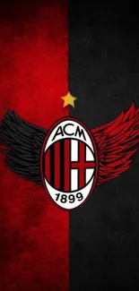 AC Milan logo with red and black half design and wings.