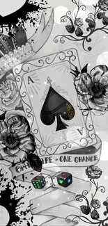 Ace of spades card with roses design in monochrome style.