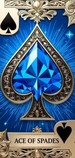 Ace of Spades with blue gemstone and ornate gold design.