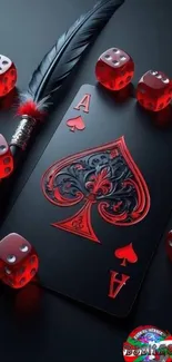 Ace of spades with red dice and feather.