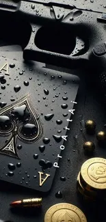 Ace of Spades card with gun and coins on dark background.