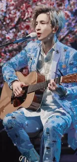 Musician in blue suit playing guitar on stage with pink flowers.