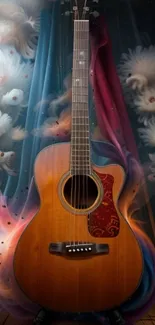 Acoustic guitar with colorful fantasy background.