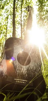 Acoustic guitar leaning in sunlit forest scene.