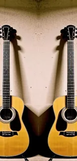 Mirrored acoustic guitars with beige background.