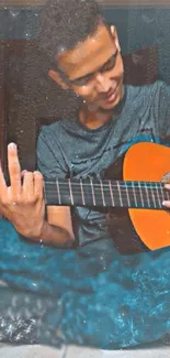 Person joyfully playing an acoustic guitar in a calming setting.