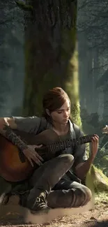 Young woman playing guitar in tranquil forest setting.