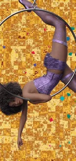 Aerial performer in purple on a vibrant mosaic wallpaper.