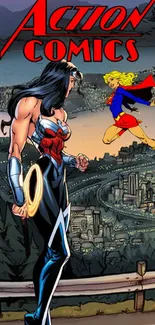 Action Comics heroes against a city backdrop.