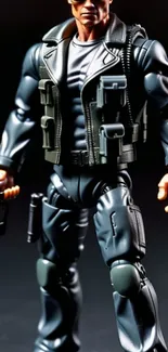Action figure with tactical gear and weapons, black background.