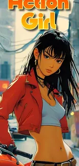 Anime girl in red jacket on city street wallpaper.