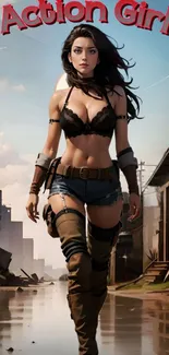 Action-themed wallpaper featuring an adventurous female character.