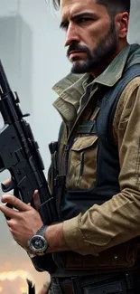 Action hero in military gear with city background, holding a weapon.