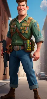 Animated action hero standing in urban street setting.