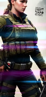 Female action hero in tactical gear with vibrant light streaks.