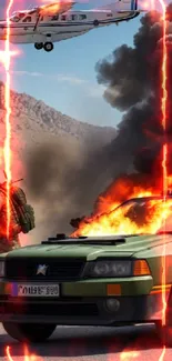 Dramatic action scene with car on fire, soldier, and plane overhead.