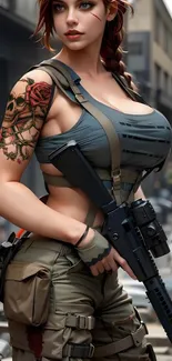 Tattooed female warrior in urban setting, armed and ready.
