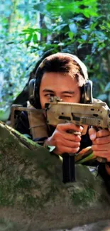 A soldier aiming in a forest environment with camouflage and tactical gear.