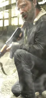 Rugged figure kneeling with weapon in smoky urban setting.