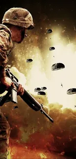 Dynamic military wallpaper featuring a soldier in action with parachutes and fiery background.