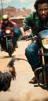 Motorcycle chase with a man and dogs in a dynamic cityscape setting.