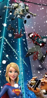 Animated superheroes and a helicopter on a skyscraper in the snow.