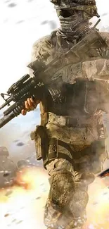 Dynamic soldier in action with explosions in background.