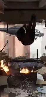 Action-packed urban escape scene with helicopter and flames.