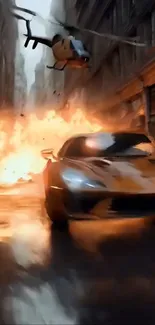 High-speed car and explosion in city wallpaper.