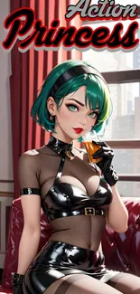 Anime character in black outfit with green hair in a luxury room setting.