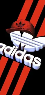 3D Adidas logo with red stripes on black background.