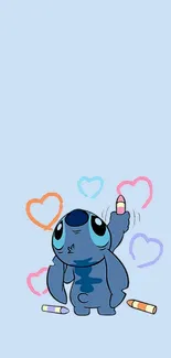 Cute blue alien draws colorful hearts on light blue background wallpaper.