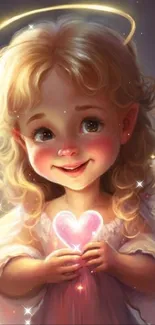 Charming angel holding a glowing heart digital illustration.