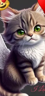 Angelic kitten with wings and emoticon accents on a mobile wallpaper.