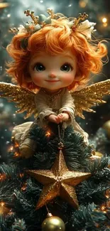 A cute angelic figure with golden wings sitting on a Christmas tree with a star.