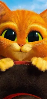 Adorable animated cat with big eyes and orange fur on a mobile wallpaper.