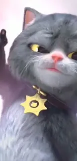 Charming gray animated cat with yellow eyes and a playful expression.