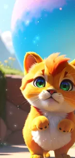 Adorable orange cat with green eyes in a colorful animated style.