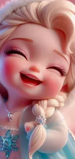 Adorable animated character with a joyful smile and pastel pink background.