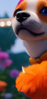 Cute animated dog with orange fur in a colorful garden scene.